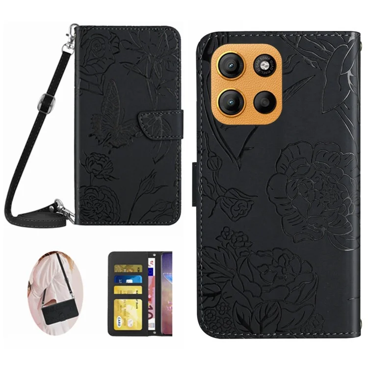 Custodia per Motorola Moto G15 4G con motivo a farfalla e fiori in pelle con tracolla - Nero