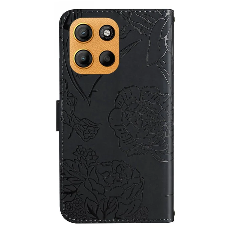 Custodia per Motorola Moto G15 4G con motivo a farfalla e fiori in pelle con tracolla - Nero