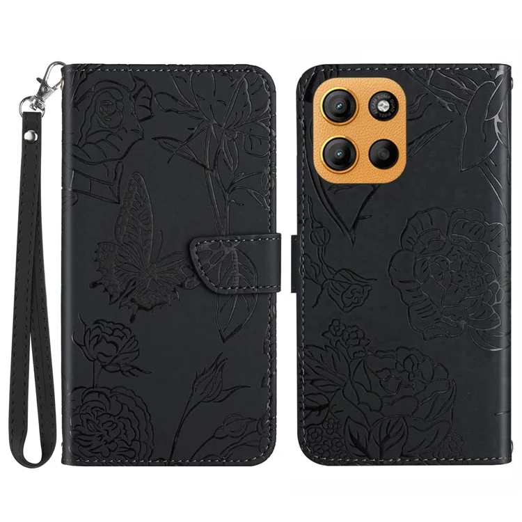 Custodia in pelle con tracolla per Motorola Moto G15 4G, con stampa a farfalla e fiori - Nero