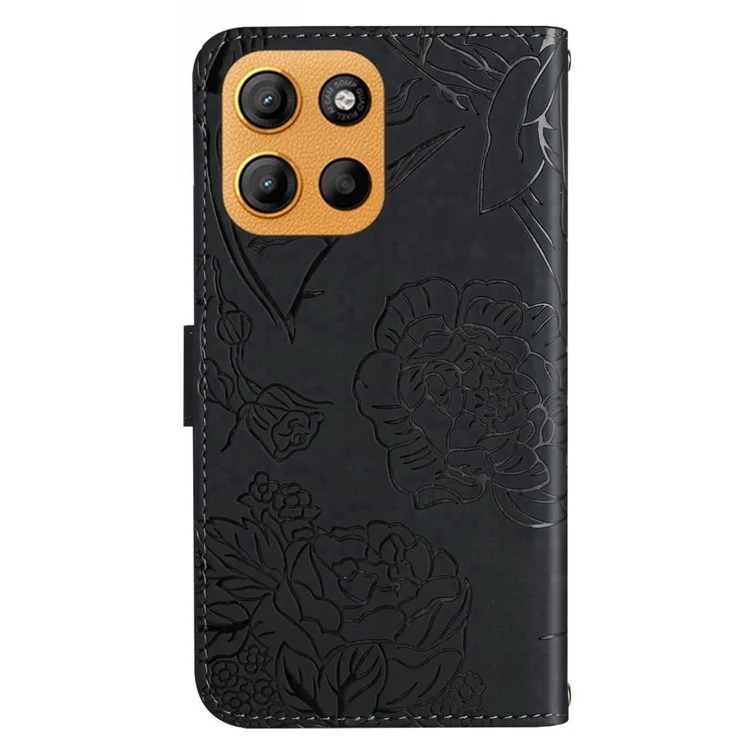 Custodia in pelle con tracolla per Motorola Moto G15 4G, con stampa a farfalla e fiori - Nero