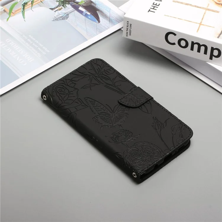 Custodia in pelle con tracolla per Motorola Moto G15 4G, con stampa a farfalla e fiori - Nero