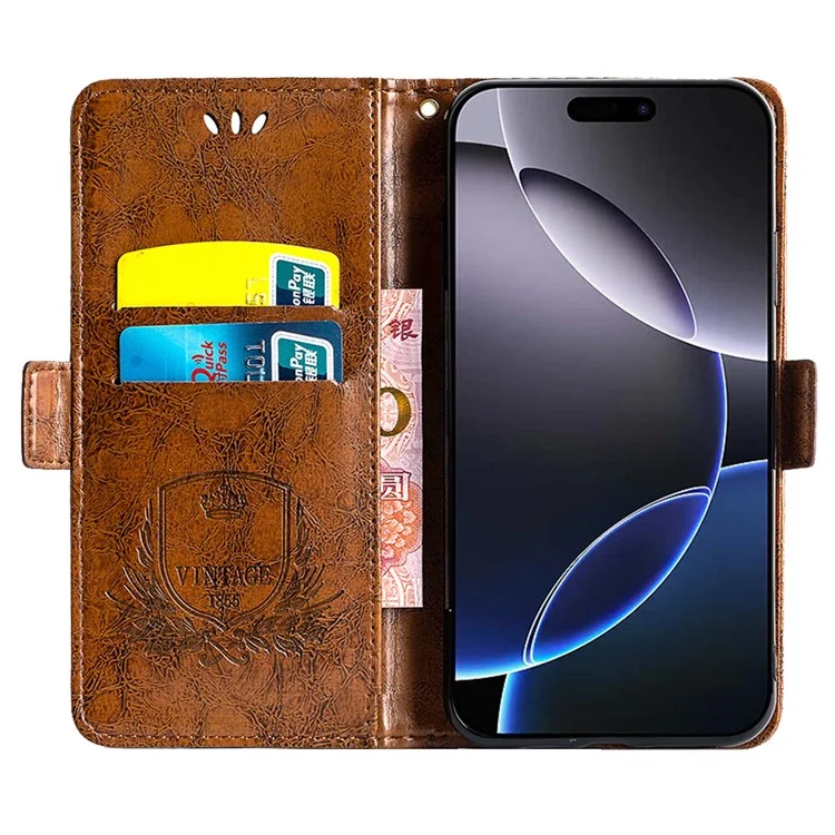 Funda de cuero con estampado de flores para iPhone 16 Pro, con hebilla lateral - Marrón