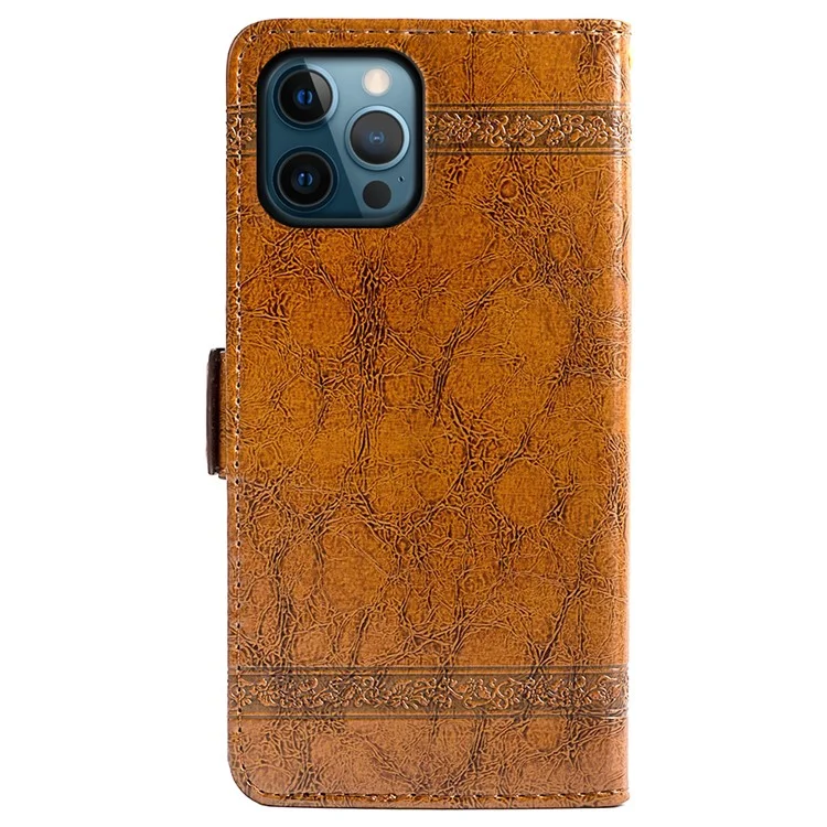 Funda de cuero con estampado de flores para iPhone 16 Pro, con hebilla lateral - Marrón