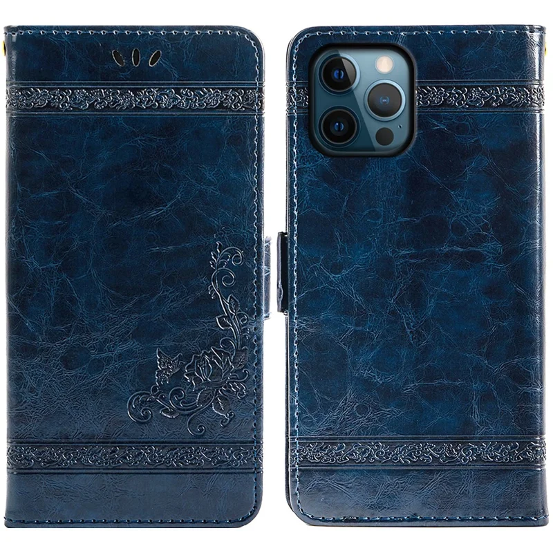 Custodia in pelle con stampa a fiori per iPhone 15 Pro, cover portafoglio con fibbia laterale - Blu