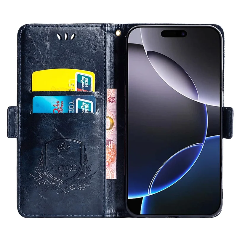 Custodia in pelle con stampa a fiori per iPhone 15 Pro, cover portafoglio con fibbia laterale - Blu