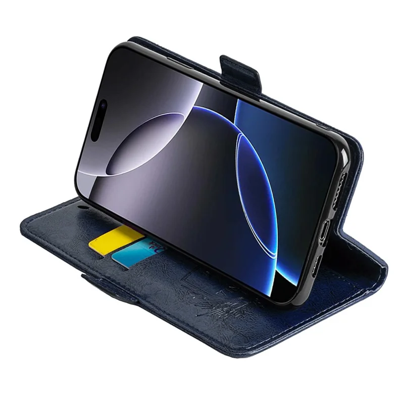 Custodia in pelle con stampa a fiori per iPhone 15 Pro, cover portafoglio con fibbia laterale - Blu