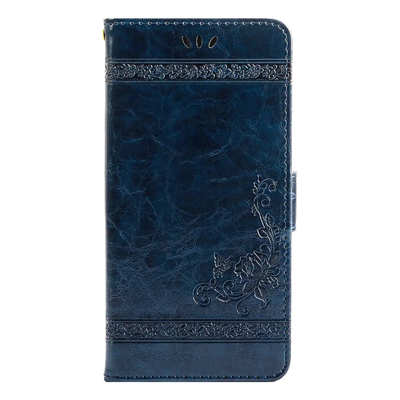Custodia in pelle con stampa a fiori per iPhone 15 Pro, cover portafoglio con fibbia laterale - Blu