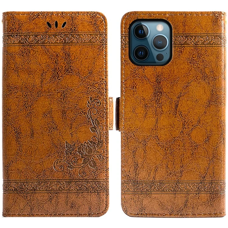 For iPhone 15 Pro Max Leather Case Flower Imprint Wallet Phone Cover with Side Buckle - Brown