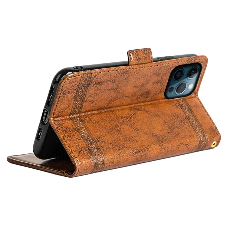 For iPhone 15 Pro Max Leather Case Flower Imprint Wallet Phone Cover with Side Buckle - Brown