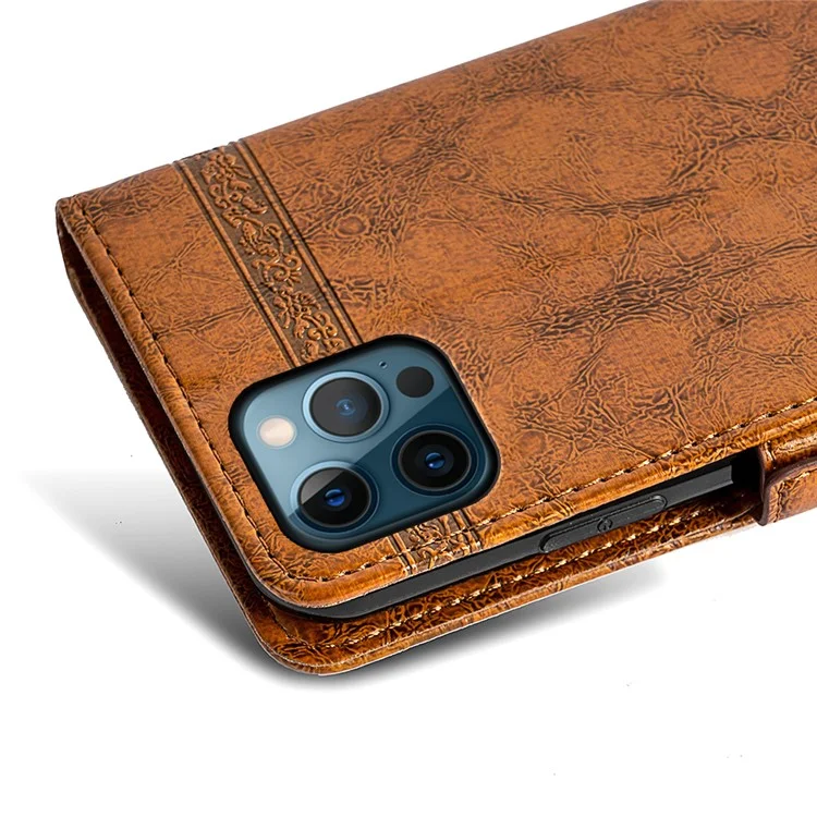 For iPhone 15 Pro Max Leather Case Flower Imprint Wallet Phone Cover with Side Buckle - Brown