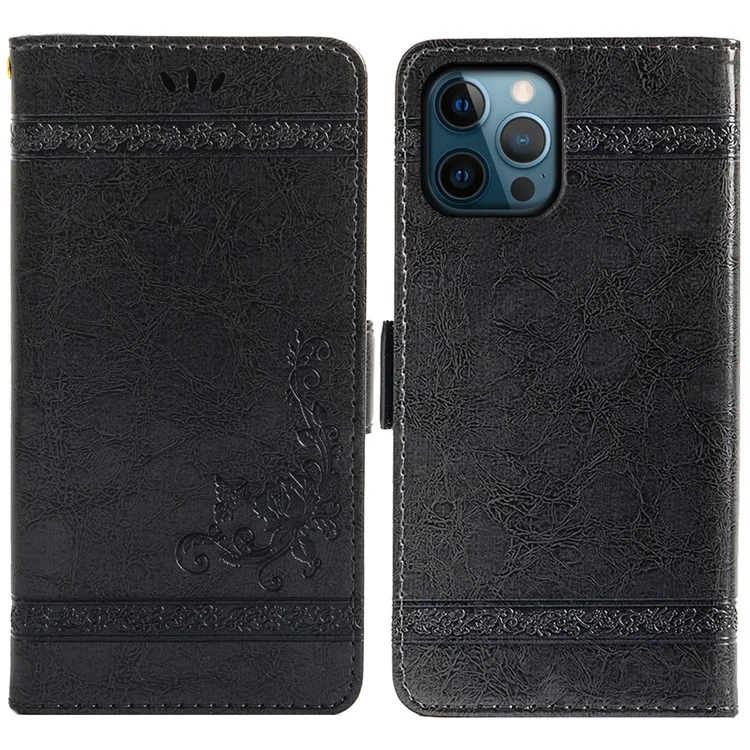 Funda de cuero con estampado de flor y hebilla lateral para iPhone 14 Pro - Negro