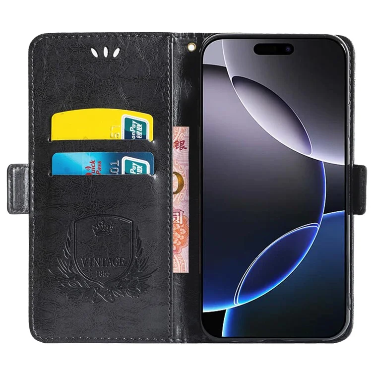 Funda de cuero con estampado de flor y hebilla lateral para iPhone 14 Pro - Negro