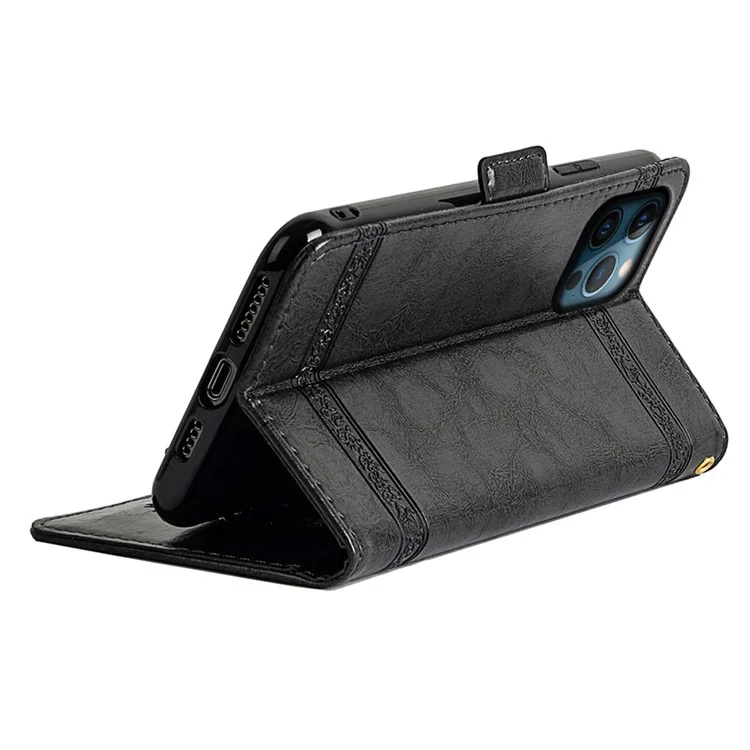 Funda de cuero con estampado de flor y hebilla lateral para iPhone 14 Pro - Negro
