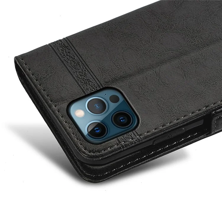 Funda de cuero con estampado de flor y hebilla lateral para iPhone 14 Pro - Negro