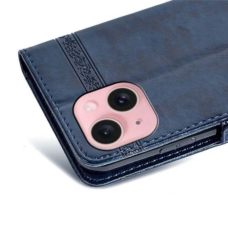 Funda de cuero con estampado de flores para iPhone 13, con hebilla lateral - Azul