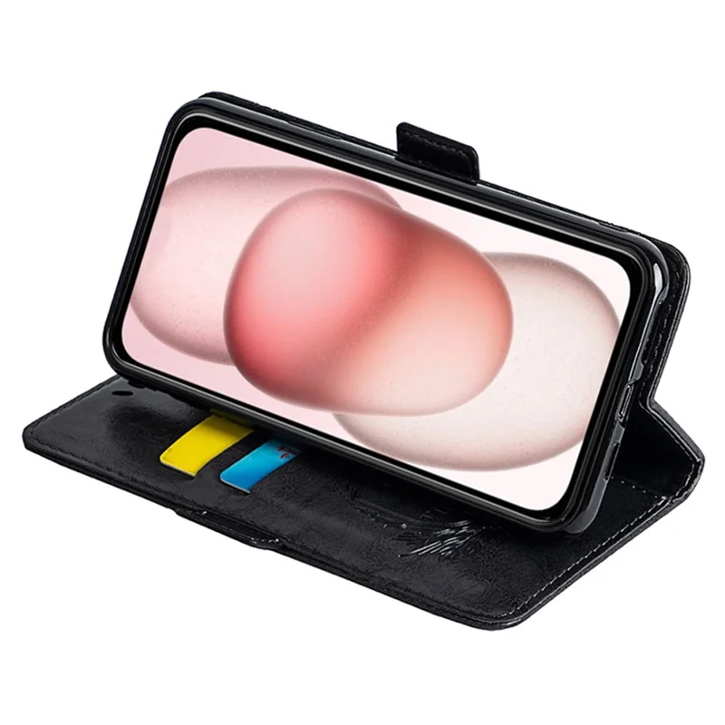 Leerhoesje voor iPhone 13 met bloemenprint, portemonnee-telefoonhoes met zijdelingse gesp - Zwart