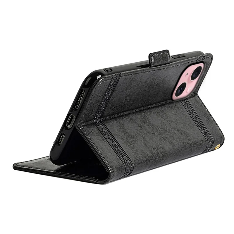 Leerhoesje voor iPhone 13 met bloemenprint, portemonnee-telefoonhoes met zijdelingse gesp - Zwart