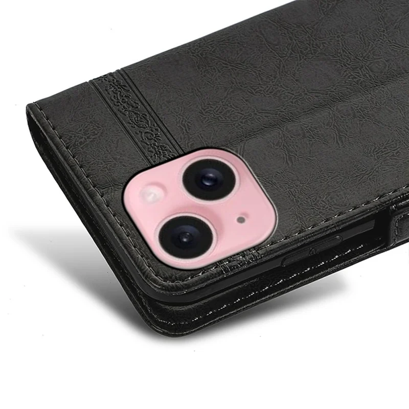 Leerhoesje voor iPhone 13 met bloemenprint, portemonnee-telefoonhoes met zijdelingse gesp - Zwart