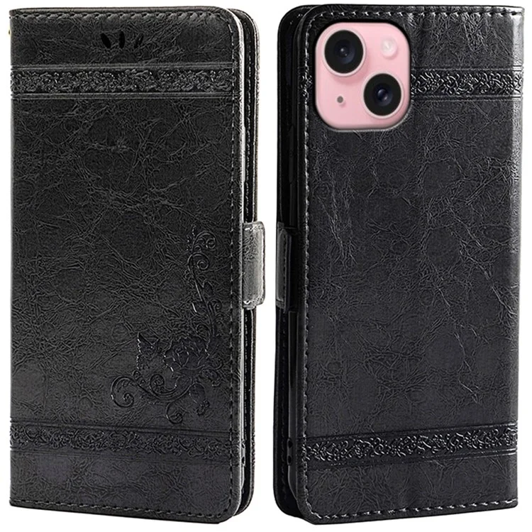 Funda de cuero con estampado de flores y hebilla lateral para iPhone 14 - Negro
