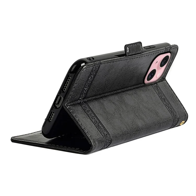 Funda de cuero con estampado de flores y hebilla lateral para iPhone 14 - Negro