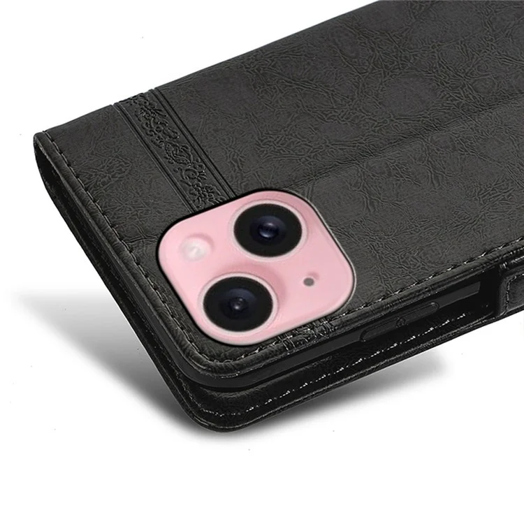 Funda de cuero con estampado de flores y hebilla lateral para iPhone 14 - Negro