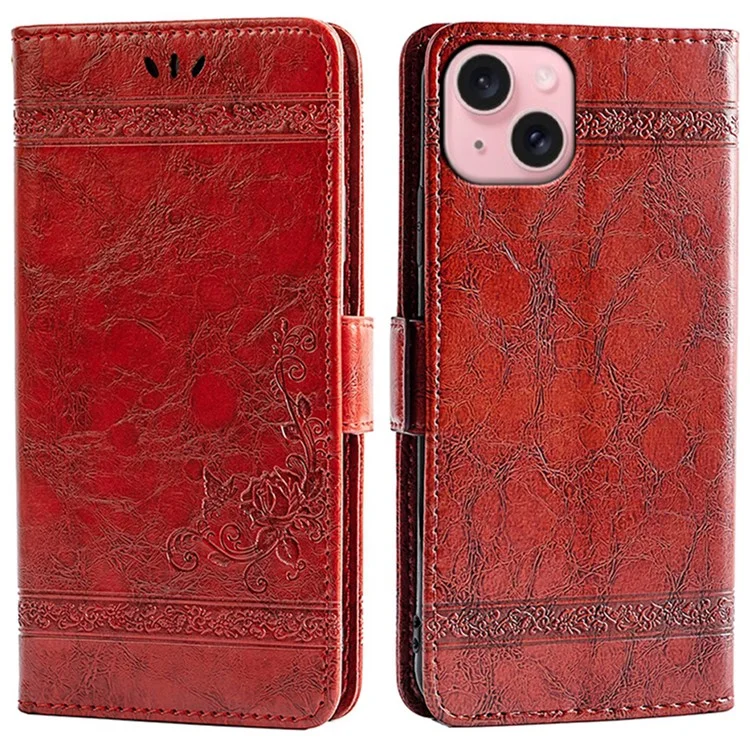 Funda de cuero con estampado de flores para iPhone 15, con hebilla lateral - Rojo