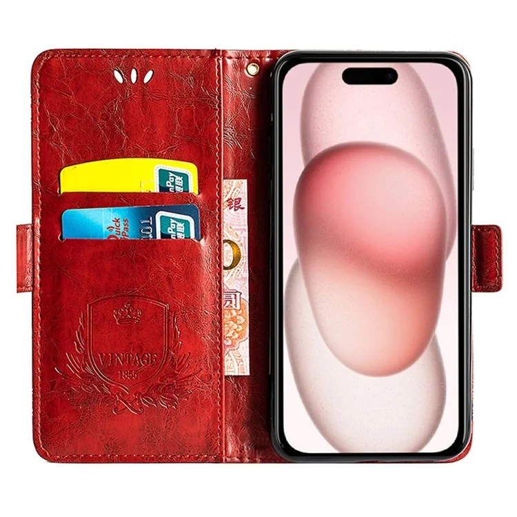 Funda de cuero con estampado de flores para iPhone 15, con hebilla lateral - Rojo