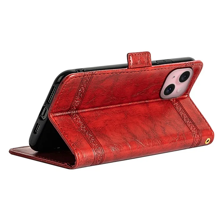 Funda de cuero con estampado de flores para iPhone 15, con hebilla lateral - Rojo