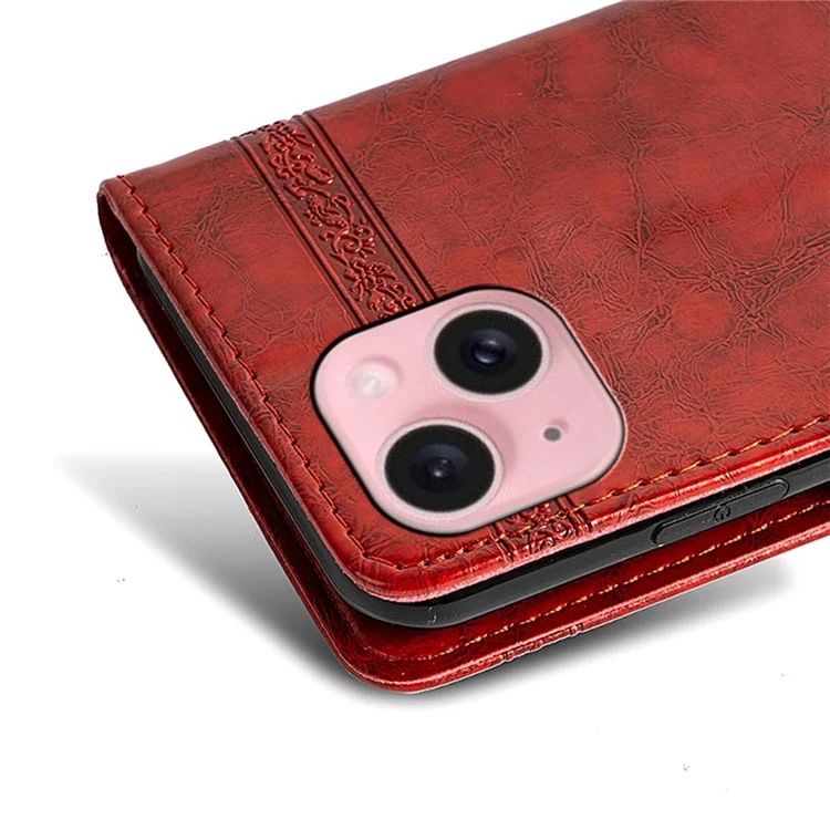 Funda de cuero con estampado de flores para iPhone 15, con hebilla lateral - Rojo