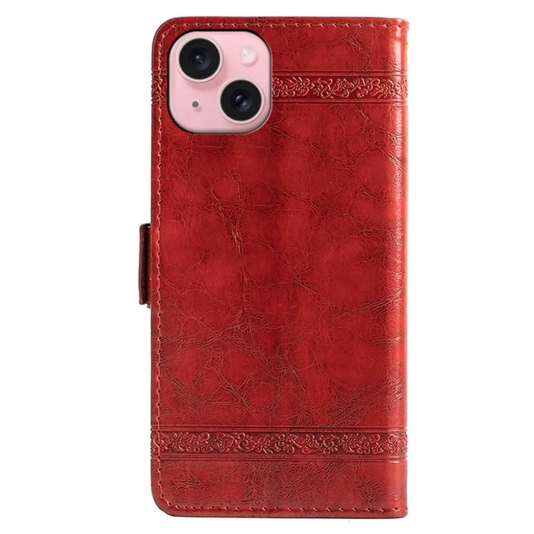 Funda de cuero con estampado de flores para iPhone 15, con hebilla lateral - Rojo