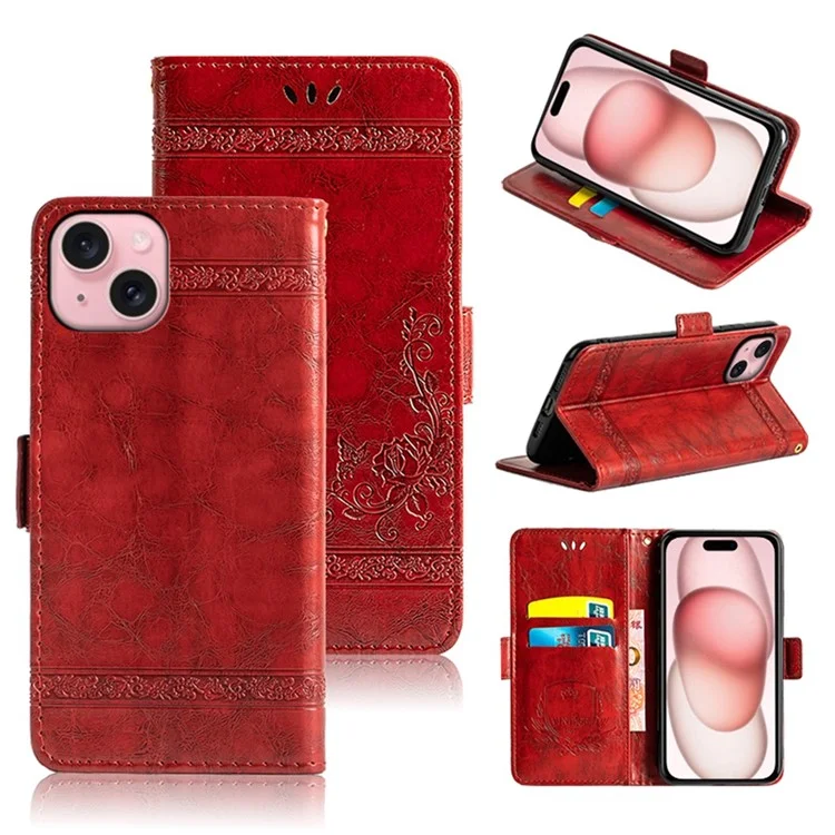 Funda de cuero con estampado de flores para iPhone 15, con hebilla lateral - Rojo