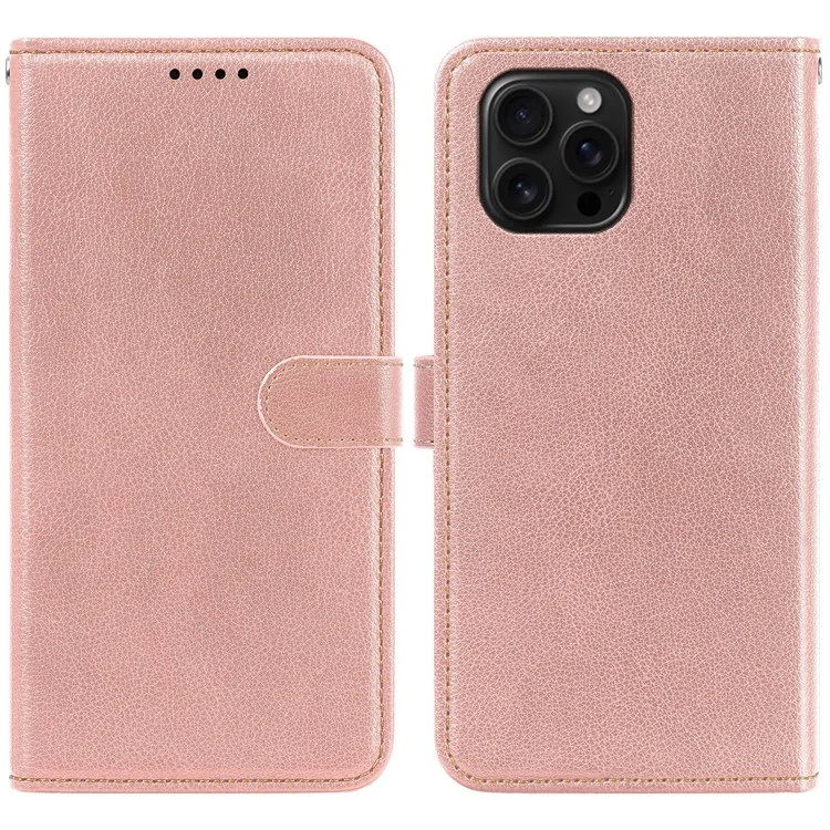 For iPhone 16 Pro Max Leather Case Litchi Texture Wallet RFID Blocking Phone Cover - Rose Gold