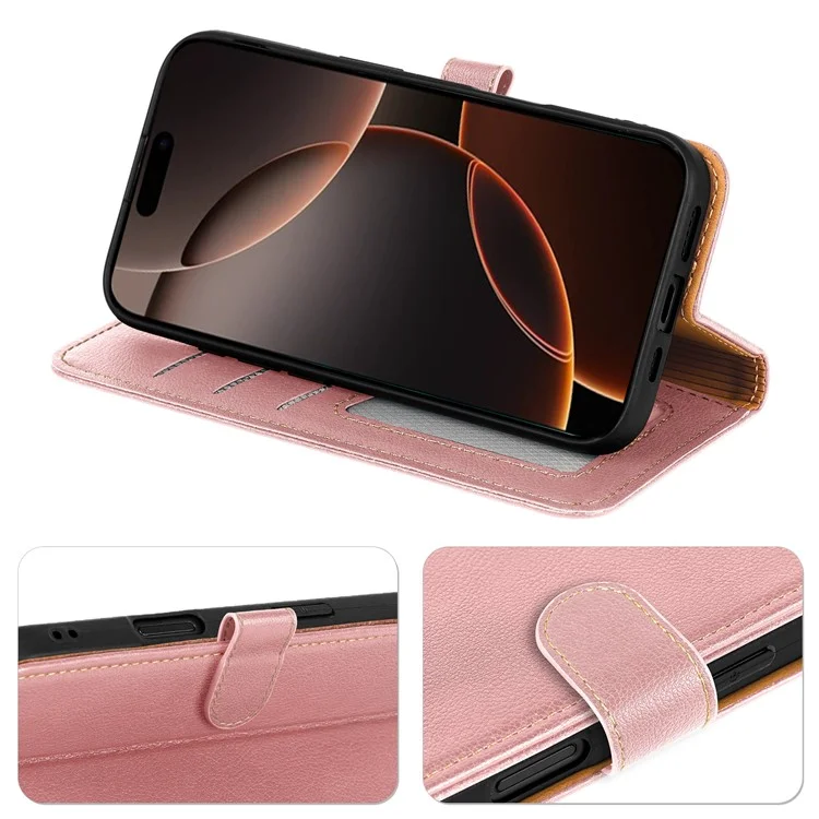 For iPhone 16 Pro Max Leather Case Litchi Texture Wallet RFID Blocking Phone Cover - Rose Gold