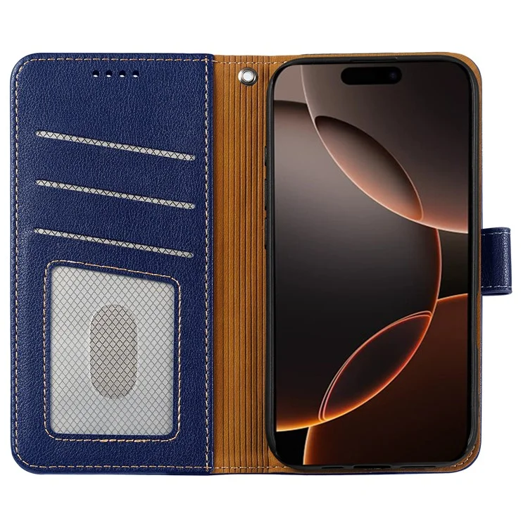Capa de couro com textura de lichia e bloqueio RFID para iPhone 16 Pro - Azul