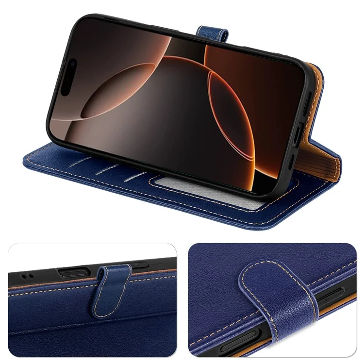 Capa de couro com textura de lichia e bloqueio RFID para iPhone 16 Pro - Azul