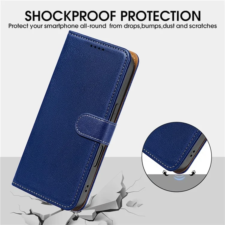 Capa de couro com textura de lichia e bloqueio RFID para iPhone 16 Pro - Azul