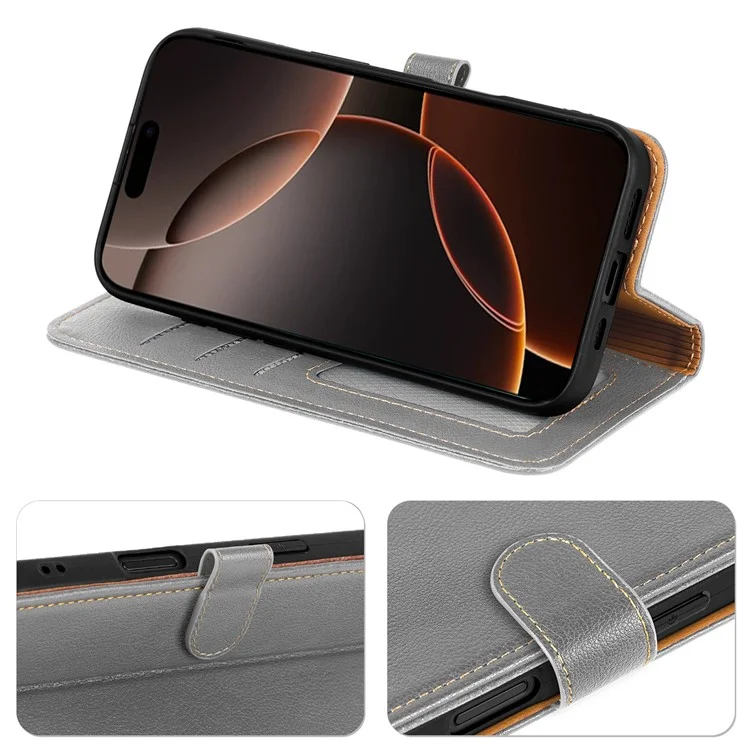 Für iPhone 15 Pro Max Lederetui Litchi-Textur Geldbörse RFID-blockierender Telefonbezug - Grau
