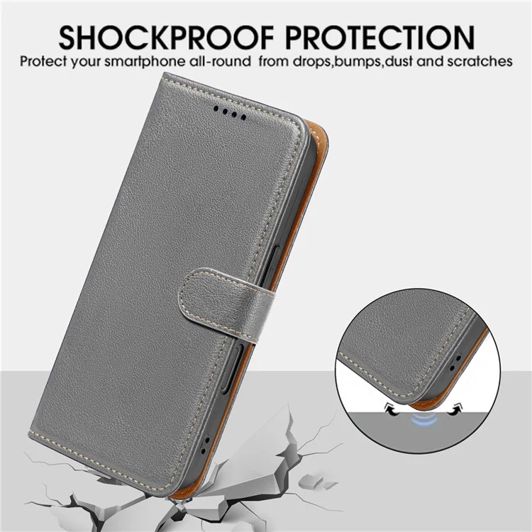 Für iPhone 15 Pro Max Lederetui Litchi-Textur Geldbörse RFID-blockierender Telefonbezug - Grau