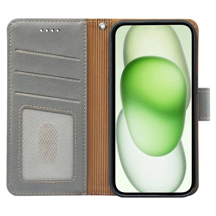 Für iPhone 15 Lederhülle mit Litchi-Textur, RFID-blockierender Handyhülle mit Geldbörse - Grau
