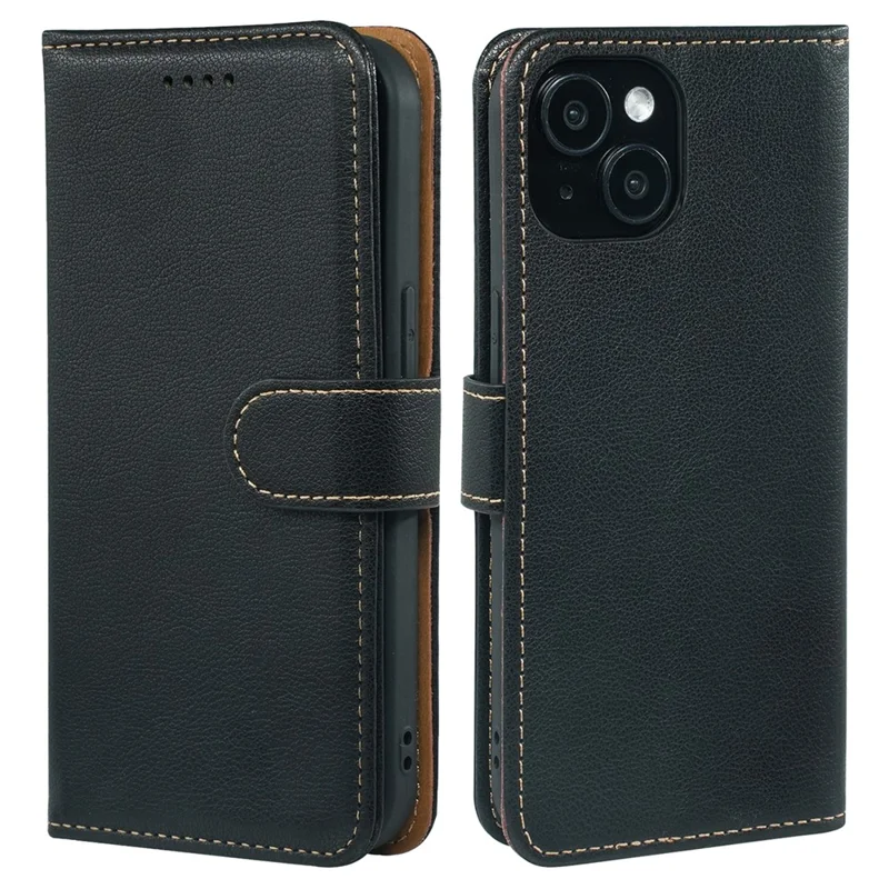 Étui en cuir pour iPhone 13, texture de litchi, portefeuille avec protection RFID - Noir