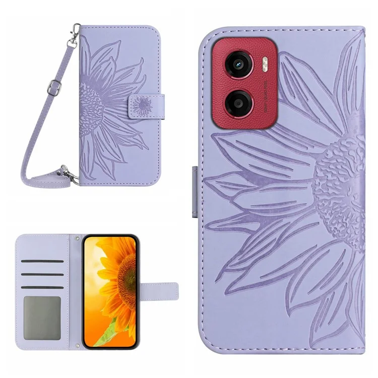Capa de telefone de couro PU com estampa de girassol e alça longa para Motorola Moto G05 4G - Roxo claro