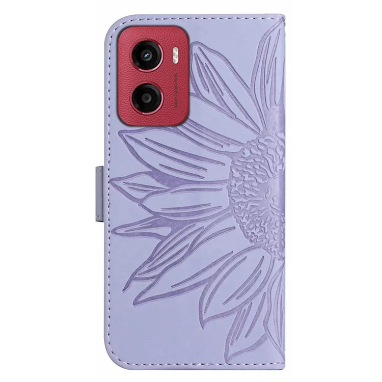 Capa de telefone de couro PU com estampa de girassol e alça longa para Motorola Moto G05 4G - Roxo claro