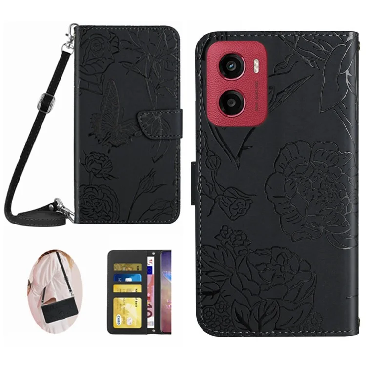 Custodia per Motorola Moto G05 4G con stampa a farfalla e fiore in pelle con tracolla - Nero