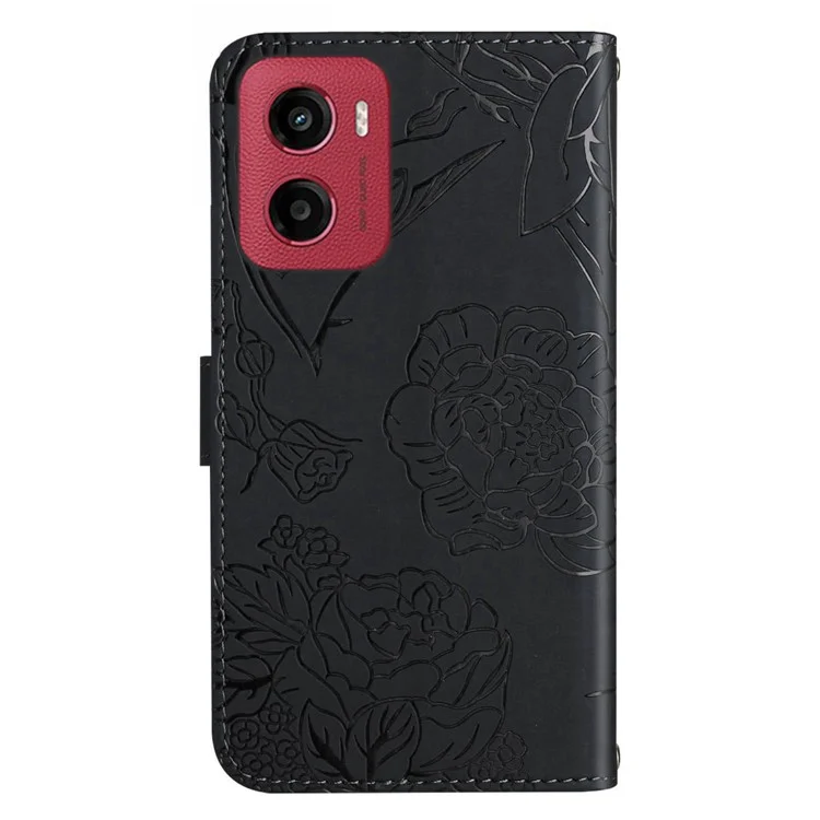 Custodia per Motorola Moto G05 4G con stampa a farfalla e fiore in pelle con tracolla - Nero