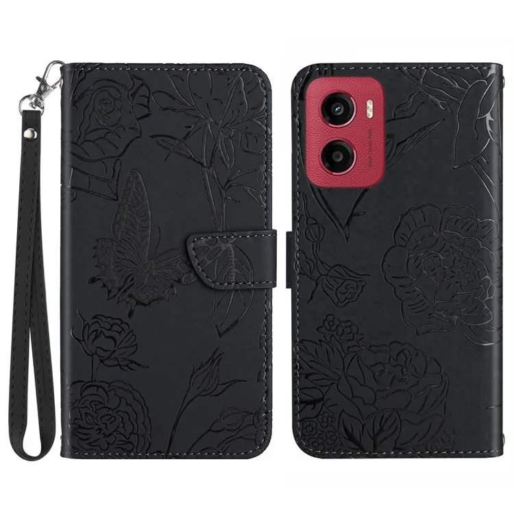 Custodia in pelle per Motorola Moto G05 4G con cinturino, con stampa a farfalla e fiore - Nero