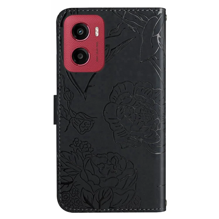 Custodia in pelle per Motorola Moto G05 4G con cinturino, con stampa a farfalla e fiore - Nero