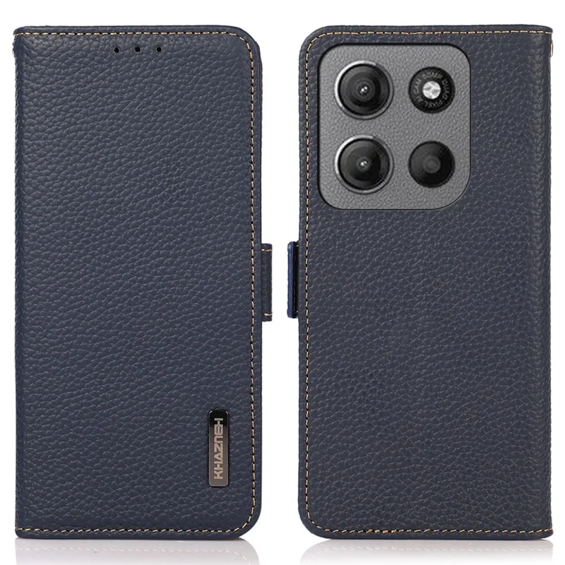Capa de telefone KHAZNEH para Motorola Moto G15 4G / G05 4G em couro bovino genuíno com bloqueio RFID - Azul