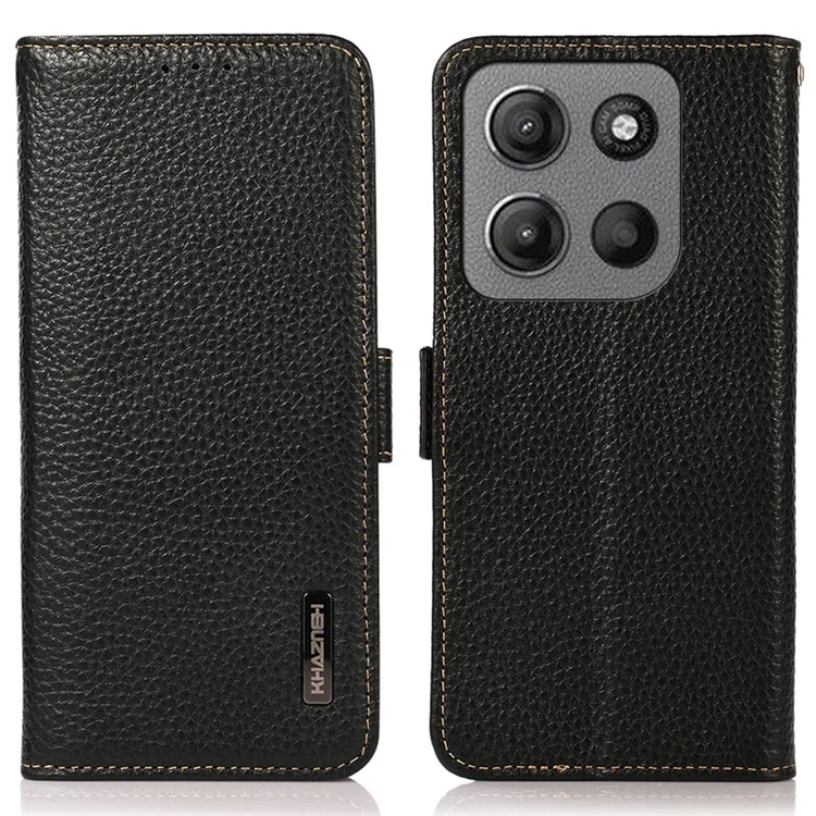 KHAZNEH Capa para Motorola Moto G15 4G / G05 4G em couro genuíno de vaca com bloqueio RFID - Preto