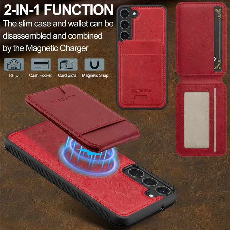 LC.IMEEKE L3 Capa magnética para Samsung Galaxy S23 com suporte para cartão destacável, cobertura de couro TPU - Vermelho