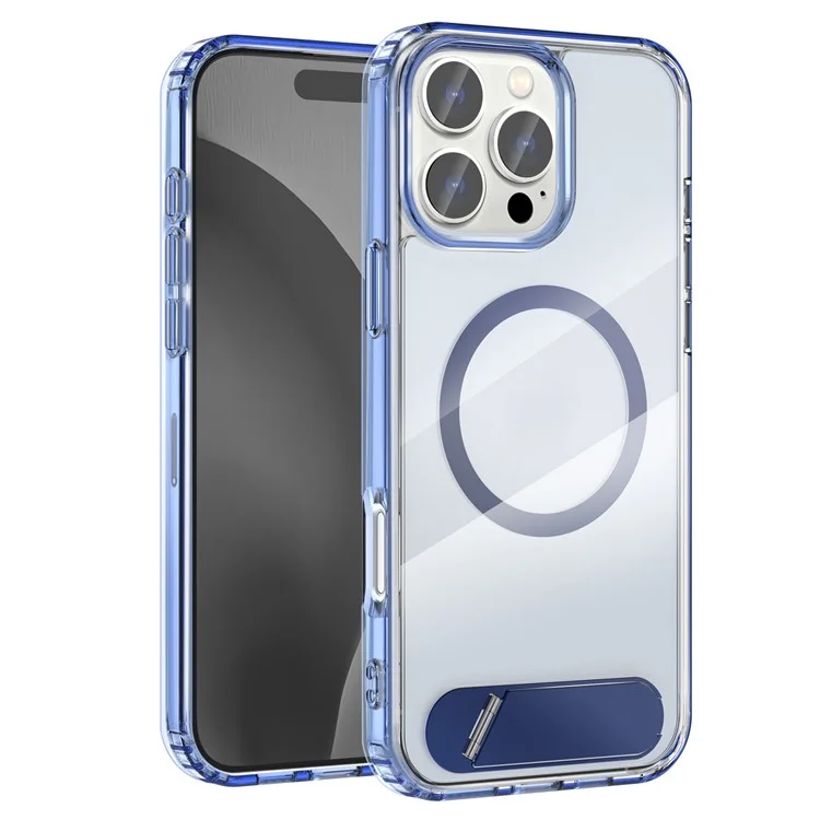 Custodia per iPhone 16 Pro Max compatibile con MagSafe, con supporto pieghevole, anti-caduta, in PC + TPU, colore blu.